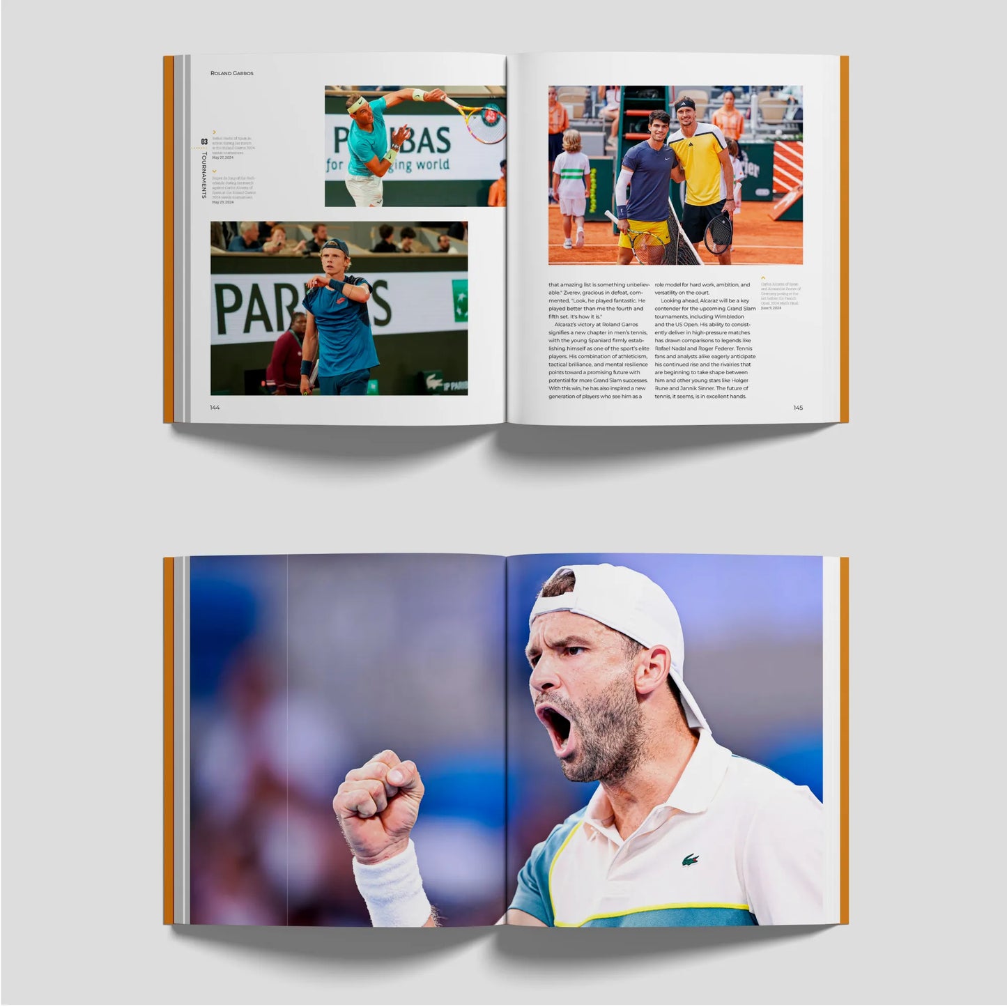 Inside spread of the 2024 Tennis Season Book by 2024tennis.com featuring Roland Garros (French Open) highlights, with dynamic action shots of ATP players and an emotional close-up of a tennis star celebrating a key victory