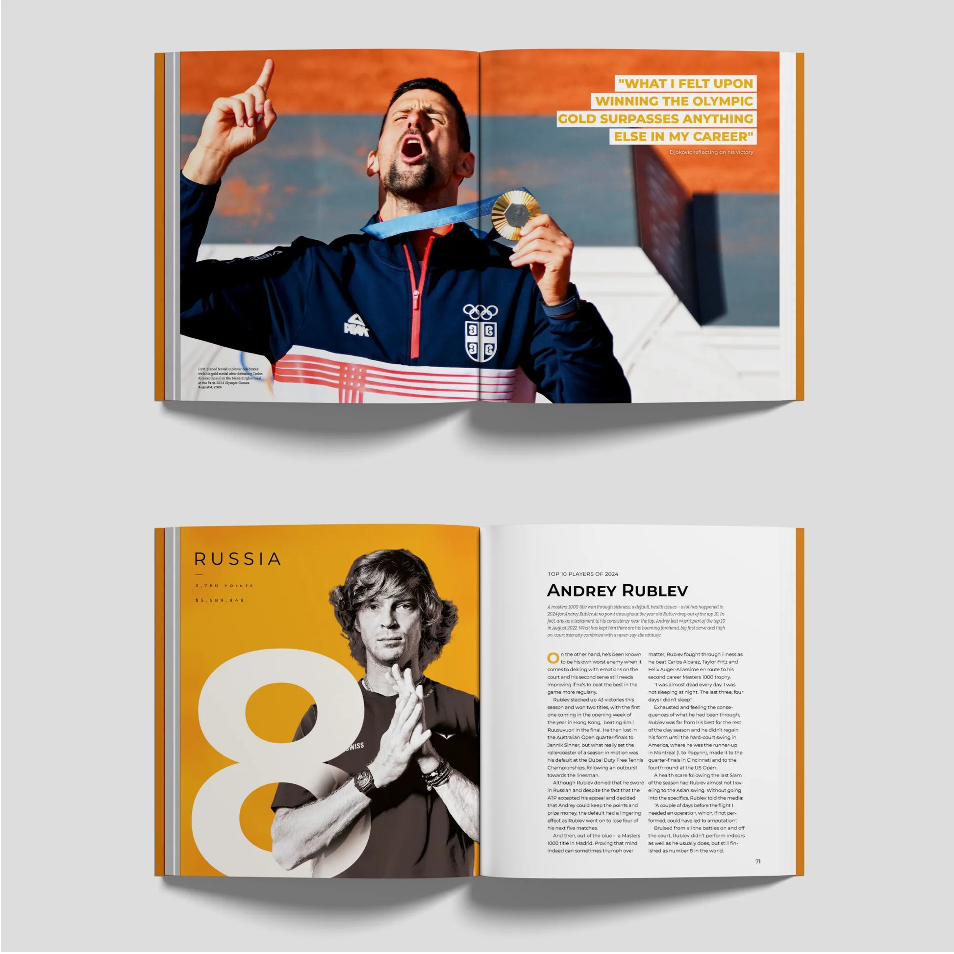 Book spread showing Novak Djokovic celebrating his Olympic gold medal and a player profile on Andrey Rublev with statistics and career highlights.