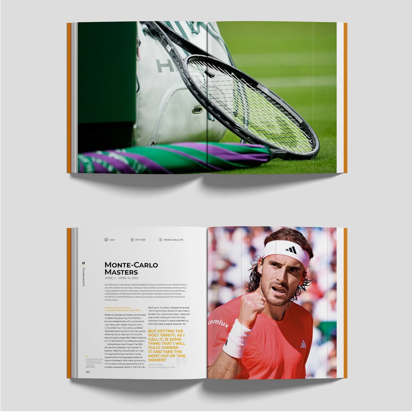 Double spread showcasing the Monte-Carlo Masters recap with dynamic photography and a tennis quote.